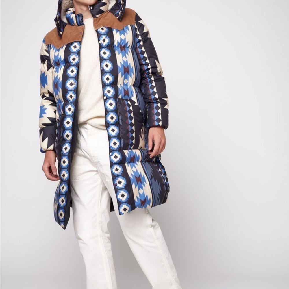 Blast Off Blue Aztec Patterned Men's Puffer Coat
